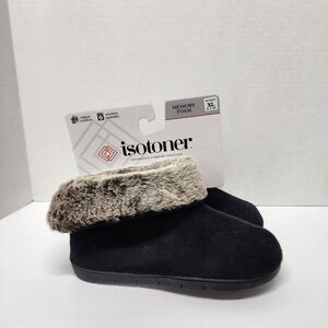 Isotoner Black Slippers with Faux Fur Trim Indoor Outdoor Sole Size XL 9.5/10NWT